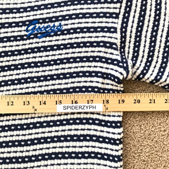 Guess Women's Medium BlueWhite Waffle Knit Henley Pullover Wide Short Sleeve Top - Picture 4 of 9